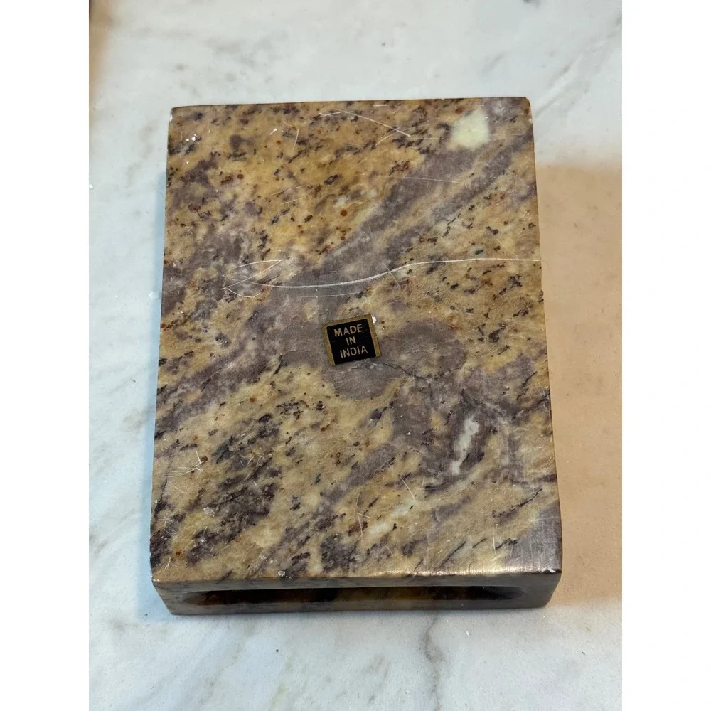 Vintage Soapstone Trinket Box Brown Brass Cross Inlay Carved India Handmade